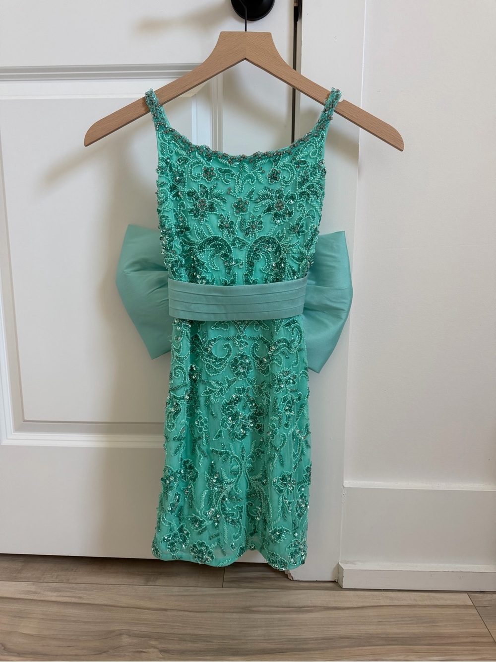 Embellished Mint Girls Party Dress with Bow Waistband
